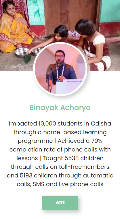 ThinkZoneIndia's tweet photo. Our Founder @Binayak_Acharya has been nominated for #COVIDSoldiers award on @thebetterindia for our Home-Based Learning Program which is supporting the education of more than 10000 children through calls and SMS.
Help us win this. Vote here: https://t.co/TYCr8Nc1ZY https://t.co/2Wuo80yeg5