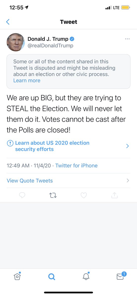 Twitter slaps a “misleading” label on Trump’s tweet about people “trying to steal the election”