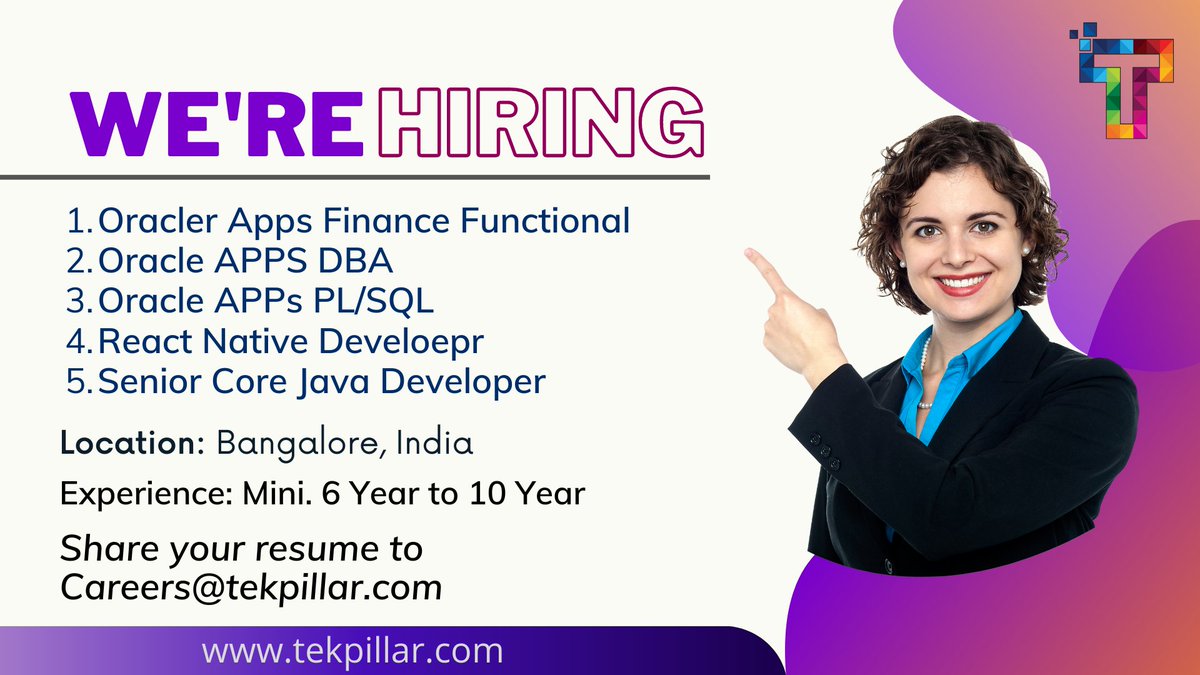 tekpillar's tweet image. Urgently Looking for the below Position

1. #OracleApps Finance Functional Consultant
2. #OracleAppsDBA
3. #Oracle Apps #PLSQL
4. #ReactNative Developer
5. Senior Core #JavaDeveloper

#Bangalore, India
Experience: Mini. 7 Yrs to 10 Yrs

Share your resume to Careers@tekpillar.com