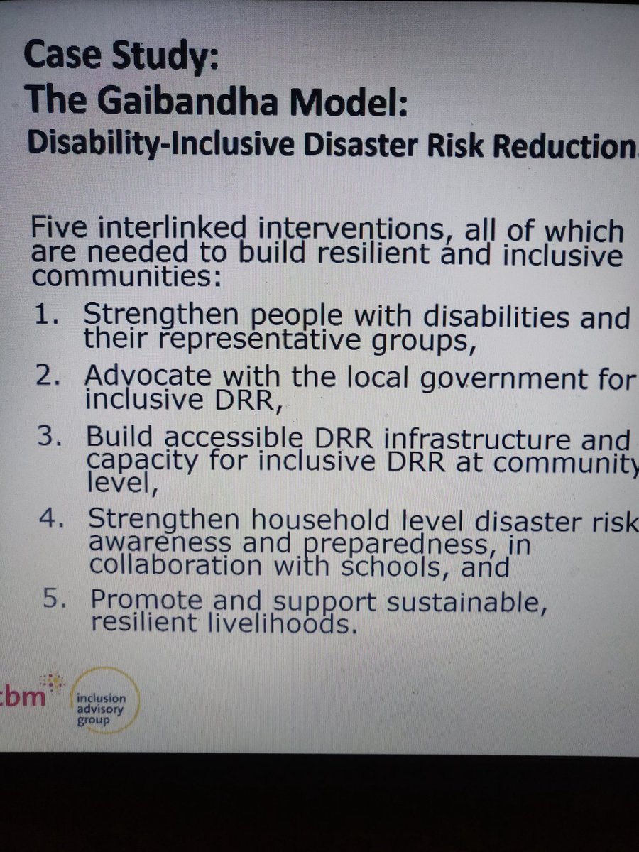 "The Gaibandha Model on Disability Inclusive DRR"  The Gaibandha model Bangladesh. Interventions used. Karen Alexander, at South Asia DRR webinar, TCI. @TCIAsia