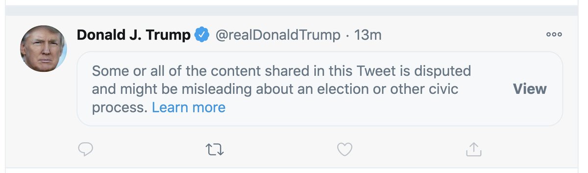 FBoversight's tweet photo. The difference from @Twitter and @Facebook on marking Trump's latest message: On Facebook, the post is not hidden, it can still be shared, still be liked, and still be commented on.

#DoYourJob #Elections2020 https://t.co/mQHIkAzkMd