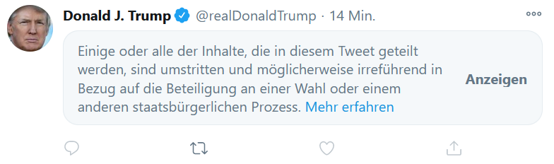 TCMetzger's tweet photo. Twitter hat schnell reagiert und den Tweet von Trump verborgen. Vermutlich wegen der Formulierung "they are trying to STEAL the Election". Das werden spannende Stunden und Tage... #uswahl2020 #USElection https://t.co/pObCHSj3lE