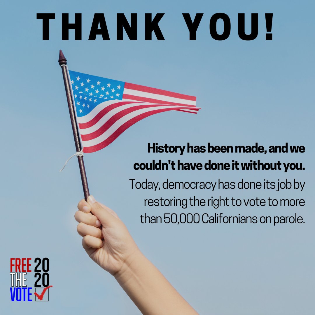THANK YOU, CALIFORNIA! Thanks to the hard work of supporters, #Prop17 has passed, restoring voting rights to more than 50,000 people. We’ve made history by taking a step on the path to eliminating voter and felony disenfranchisement. #FTV2020 #YesOn17