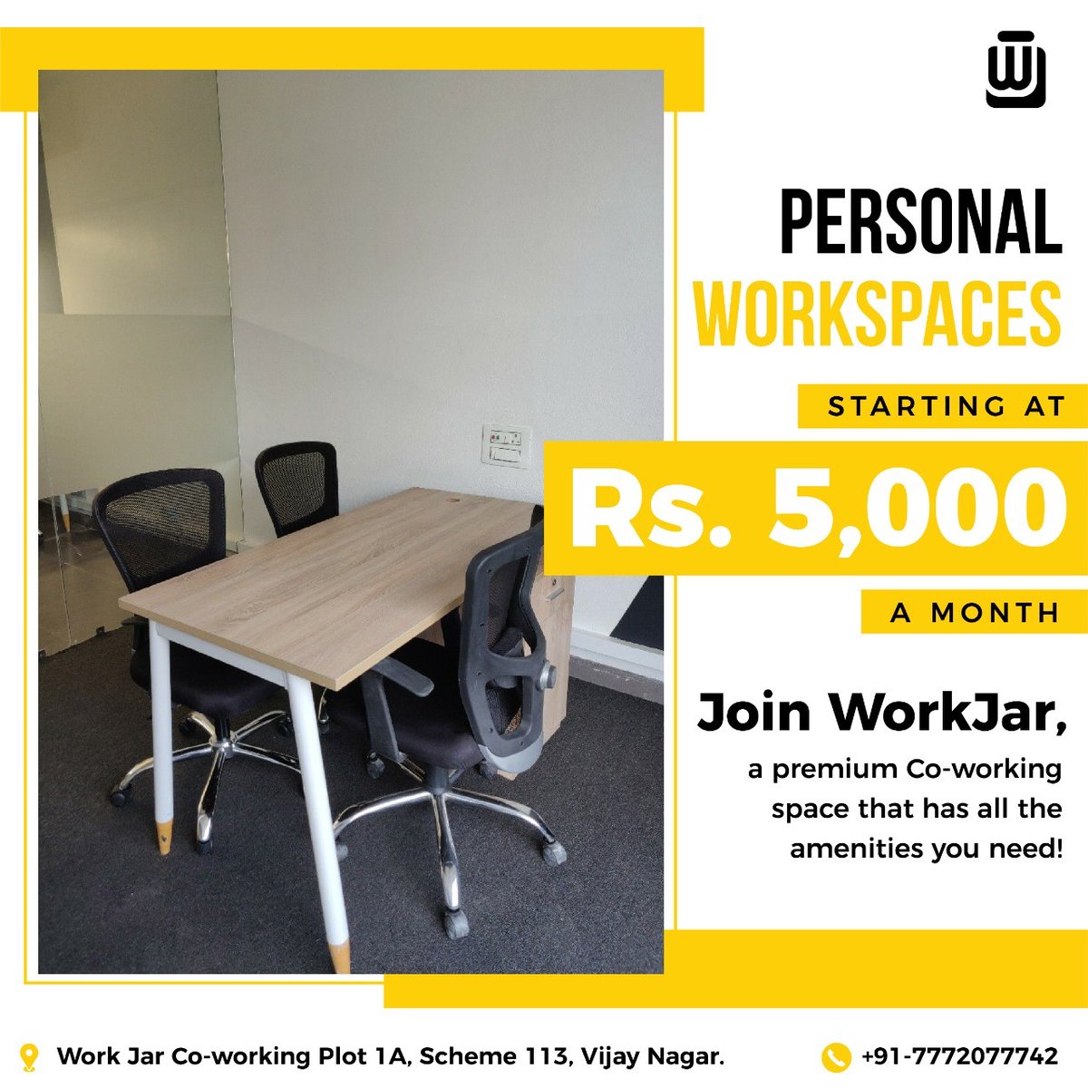 the_workjar's tweet photo. Increase your clients, not your budget.
With @theworkjar, workspaces start at just 5,000 a month.
Contact at 7772077742 to book a free tour.
#workhard #wonderfulcommunity #sanitizedworkspaces #workjar #workjarmate #coworking #coworkingindore #indore #vijaynagar #corporate https://t.co/79yw833bB6
