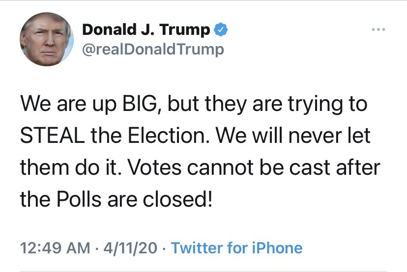 Twitter está censurando a <a href="/realDonaldTrump/">Donald J. Trump</a>, pero no podrá hacerlo con todos nosotros. 

Su mensaje: 

¨Estamos arriba, pero ellos están tratando de robarse las elecciones. Nunca los dejaremos hacerlo. No se pueden emitir votos luego del cierre de las urnas¨ 

DALE RT