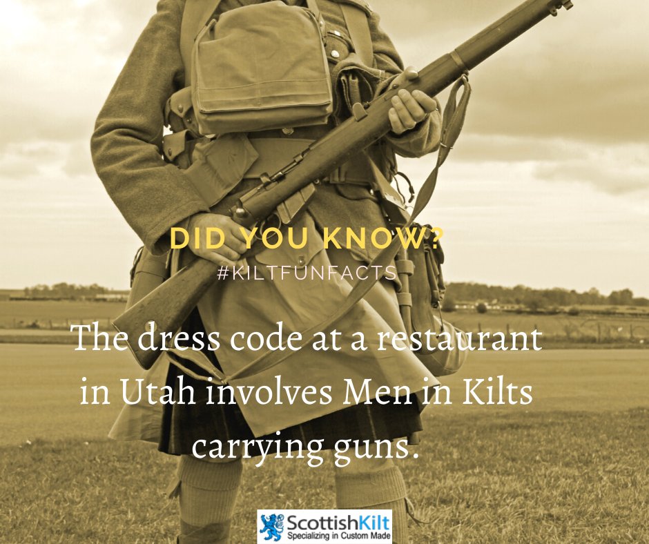 Scottish_kilt's tweet photo. "The dress code at a restaurant in Utah involves men in kilts carrying guns."
Shop Now: https://t.co/yyb3OQtYIo
#facts #fact #knowledge #didyouknow #funfacts #kiltfacts #scottishkilt #interestingfacts #kiltmaker #kiltmaking #kilts #meninkilts #sporrans #sporranmaker #mensfashion https://t.co/DS5KStNw0h
