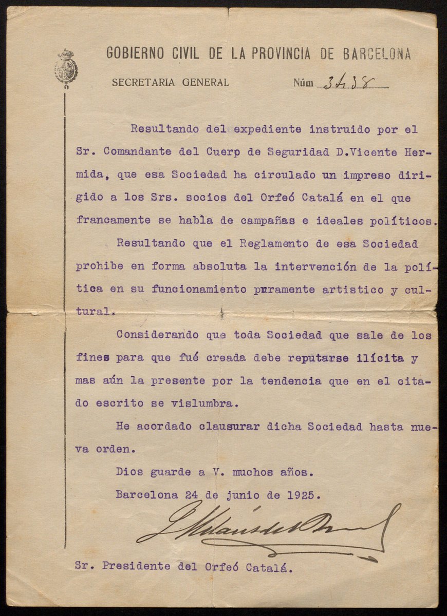 cedocpalau's tweet photo. Encetem aquest mes una nova proposta setmanal, on tindrem l’ocasió de descobrir algun dels documents digitals disponibles en línia. El #documentdigital que us proposem avui és l’expedient de clausura de l’#Orfeó Català de l'any 1925 https://t.co/uZr1D2C2Ml  Obrim fil 👇 https://t.co/ETwpmx2ByK