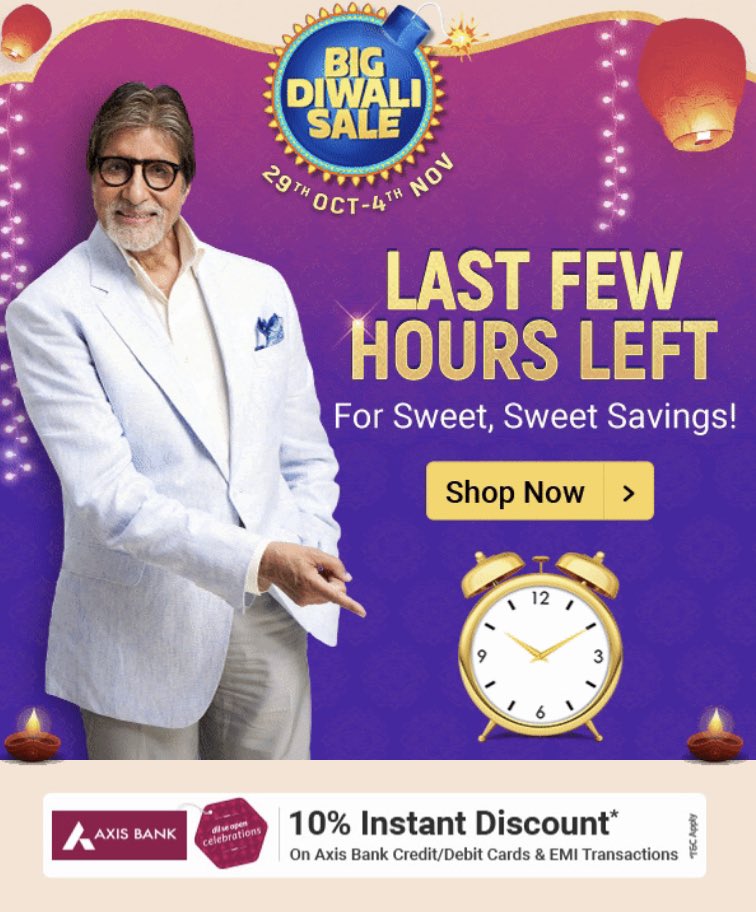 ⏰ Tick-Tock! Last Few Hours Left..

🌟Extra 10% Instant Discount with Axis Bank Cards 

➤ fkrt.it/qwX67SNNNN #BigDiwaliSale