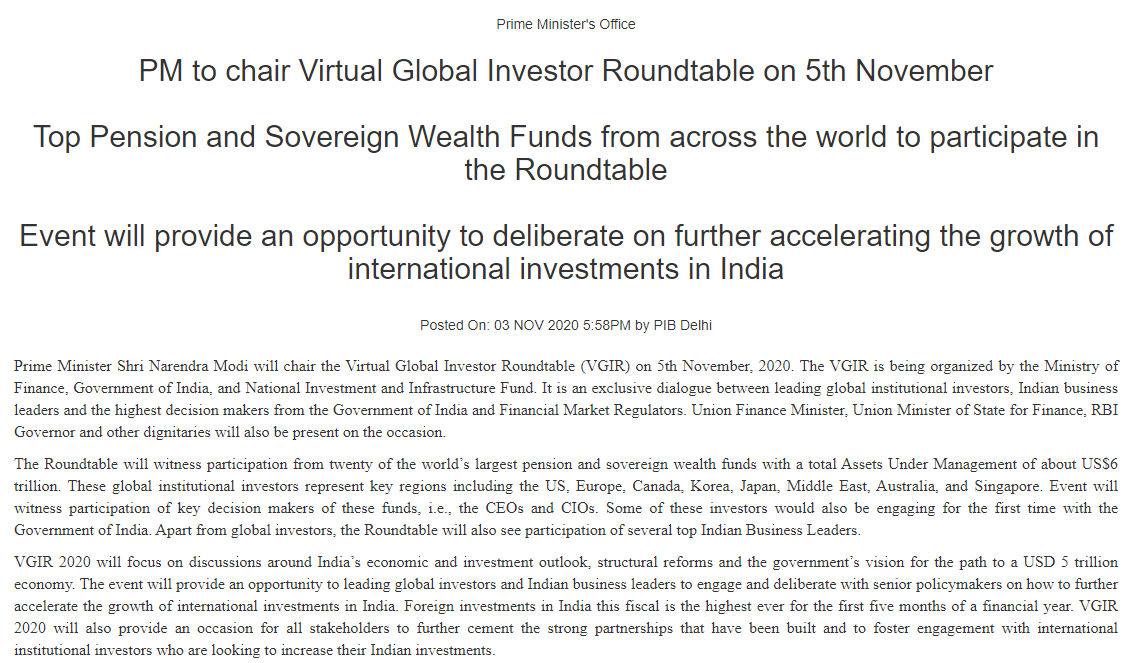 IndiaAheadNews's tweet photo. PM @narendramodi to chair Virtual Global Investor Roundtable 2020 tomorrow
#Global2020 #GlobalRoundtable2020 https://t.co/u73LBOfMfH