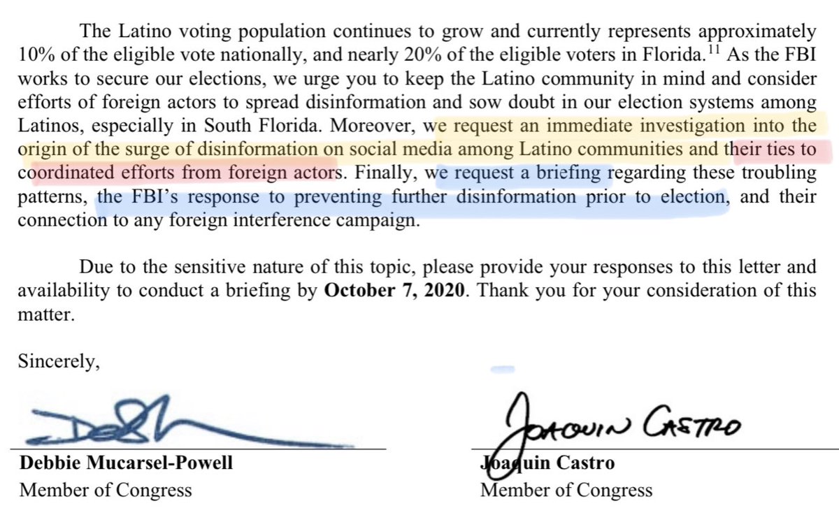 Congress was concerned about the high volume of disinfo in Florida targeting Latinos. This letter raises concerns about the surge in disinformation, asks whether it is from foreign threat actors (no, it isn’t), and demands to know what the FBI is going to do about it.