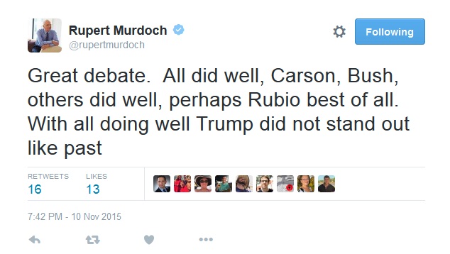 Now, take this background information and overlay it against Rupert Murdoch’s response to the 2016 republican debates. [And the attempted hit job on Trump by Kelly]There is a particular clarity that resonates, no?