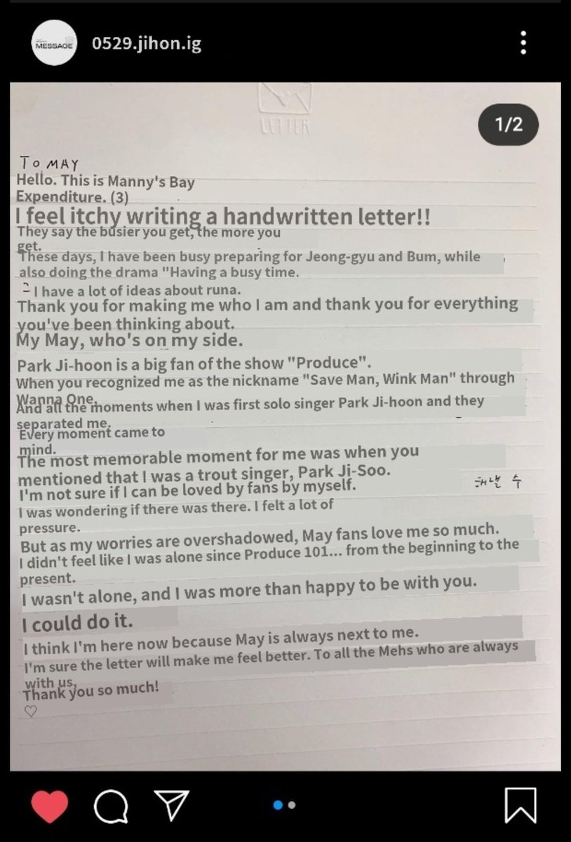 serahpark_'s tweet photo. from Jihoon's ig post.
This is pretty inaccurate but you will get the point of the letter ๐
(translated by papago)
#๋ฐ์งํ #PARKJIHOON #MESSAGE #์์ํตํ #ํฌ์ฌ์ธํ #201104COMEBACK https://t.co/6Mar4qV93w