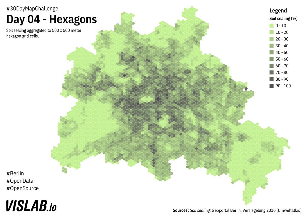 Day 4 of  #30DayMapChallenge : Hexagons. The soil sealing of Berlin, aggregated to 500x500m hexagon grid cells in percentage. Besides  @qgis also using  @postgis today. Code:  https://github.com/sebastian-meier/ThirtyDayMapChallenge2020/tree/main/maps/04