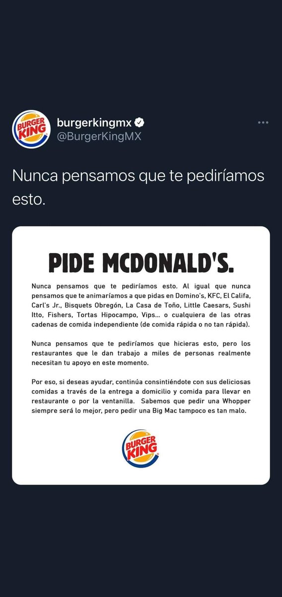 MKT_Lateral's tweet photo. @BurgerKingMX hace una grandiosa campaña en apoyo a otras cadenas.

#marketingGenial https://t.co/BntoLK78iv