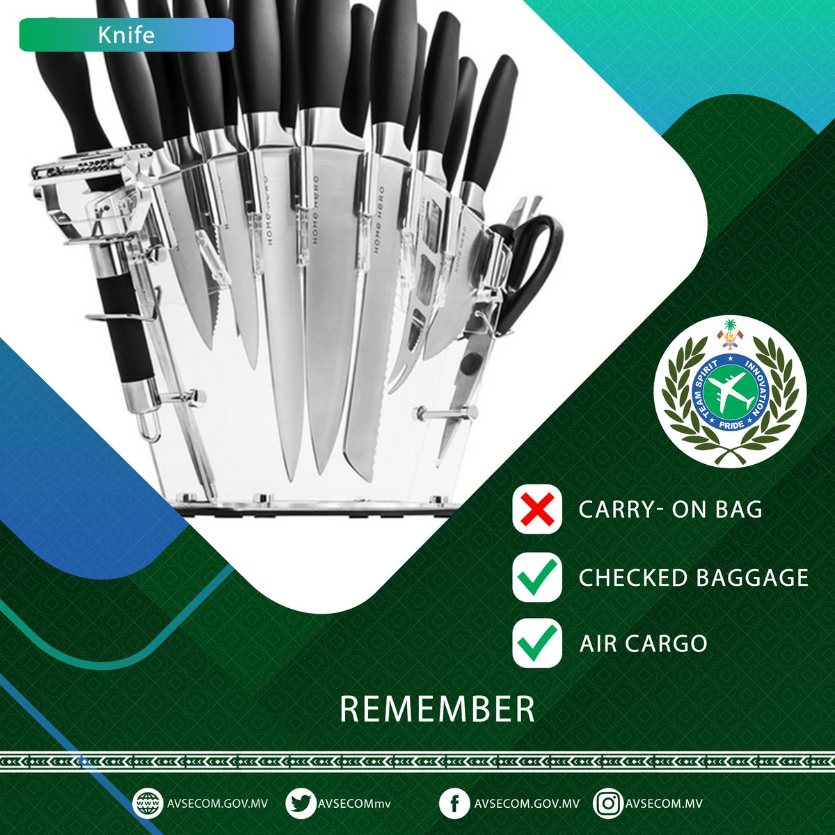 AVSECOMmv's tweet photo. An article confiscated daily at our pre board screening points. Sometimes carried in carry-on bag.
#Knife is a #prohibiteditem. It can not be carried in hand bag ๐ . Learn how to travel the right way with #avsecom
#remember #safetravels #SafetyFirst #airportsecurity https://t.co/X0uVYlPuy0