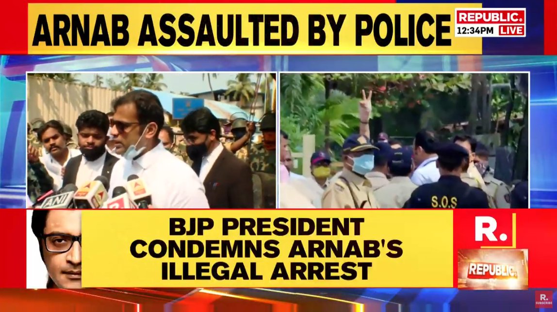 republic's tweet photo. #BREAKING on #IndiaWithArnab | He was pulled by his belt and beaten on his spine: Arnab Goswami's lawyer details the shocking physical assault on him and the injuries thereof from Alibag police station; Tune in to watch #LIVE here - https://t.co/RZHKU3wOei https://t.co/YBGaFmJzed