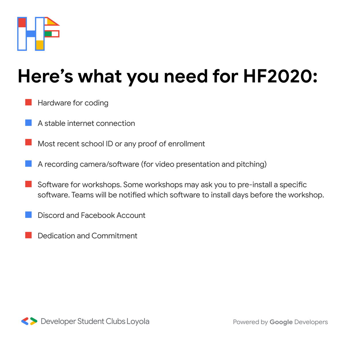 GDSCLoyola's tweet photo. Hello, world!
Victory comes from being prepared. There are a few important things that you'll be needing for HackFest. Take note of the following, and you'll be set to hack it out!
Register: https://t.co/hKbToVxaeH
Primer: https://t.co/aYnjvZXeDd
#DSCLHackFest
#HackItWithDSCL https://t.co/ptfqPsWDdK