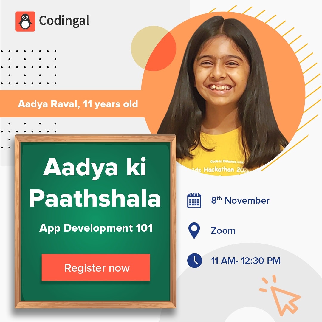 codingal's tweet image. Watch our genius, Aadya Raval, create an app right in front of your eyes at Aadya ki Paathshala.
Register at codingal.typeform.com/to/D0itSfGs
#Coding #codingforkids #codingfordummies #pathshala #codingal #appdevelopment #appdev #appdesign