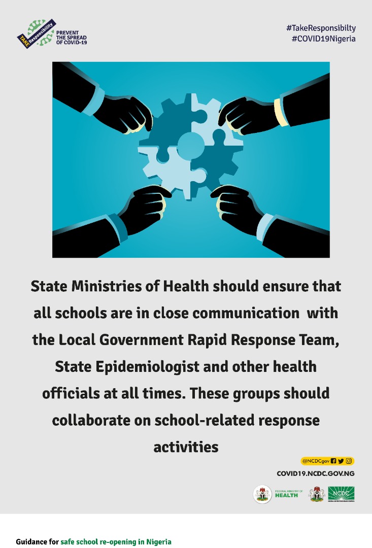 Fmohnigeria's tweet photo. State Ministries of Health should ensure that all schools communicate closely with the Local Government Rapid Response Team, State Epidemiologist &amp; other State officials regularly.

#TakeResponsibility &amp; adhere to all non pharmaceutical measures on #COVID19 prevention. https://t.co/Qj4halYrai