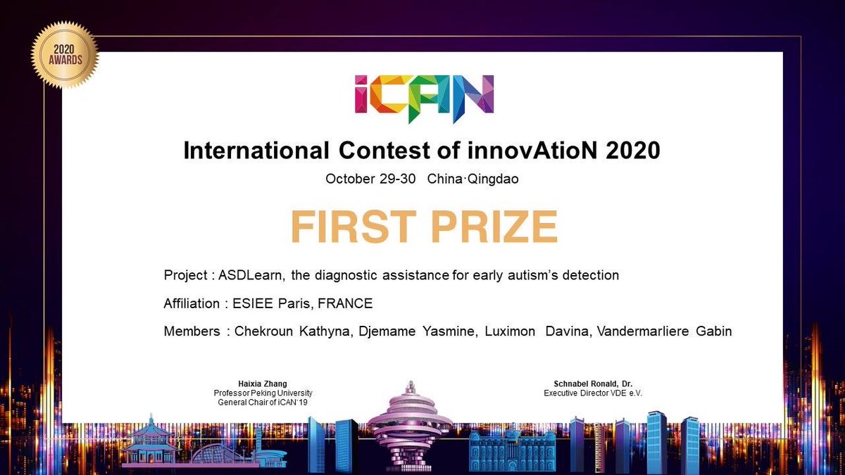 ESIEEPARIS's tweet photo. [Concours #international] Bravo à Kathyna, Yasmine, Davina, et Gabin, étudiants @ESIEEPARIS, lauréats du Concours international #iCan2020 pour leur projet de #dépistage des troubles du spectre de l’#autisme chez les jeunes enfants.
▶ Informations : https://t.co/YhkUdRcJVx https://t.co/jWp6MbmDs2
