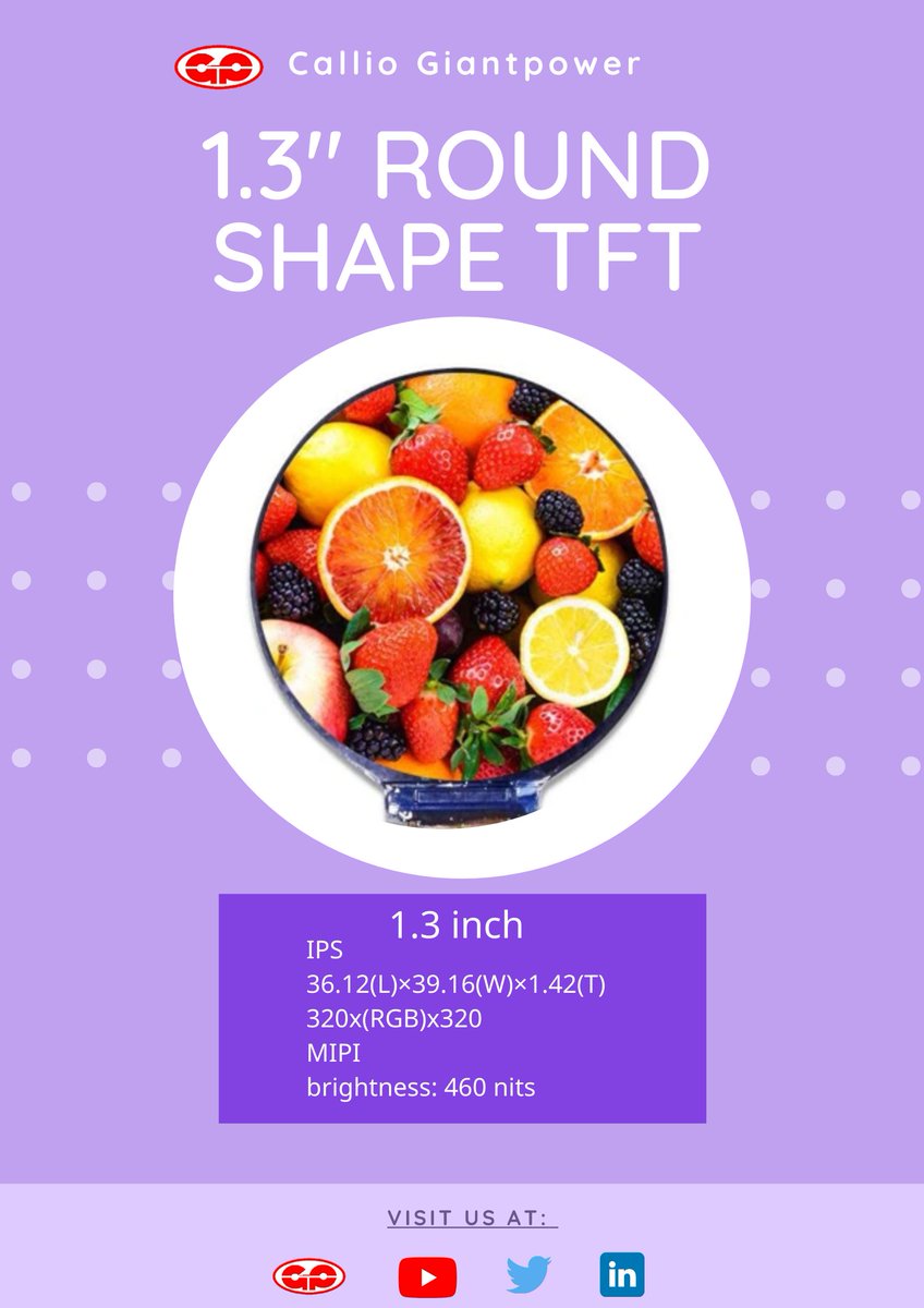 CallioGiant's tweet photo. 1.3" round shape IPS TFT

It suitable for wearable application. 

IPS with 1000 contrast ratio , it can also add touchscreen on it. 

Visit us at: https://t.co/DZk4umIoQj

#LCD #giantpower #Kiosk #touchscreen #customization
#display #wearables #TFT https://t.co/igDnw1eiuq