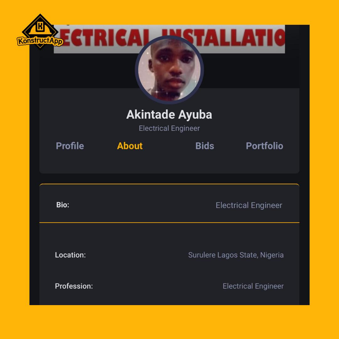 KonstructApp's tweet photo. #PortfolioSpotlight Akintade Ayuba is an electrical engineer with a plan! Heβs a part of a growing community of construction service providers who share their skills on #KonstructApp!
Visit https://t.co/Le7m7O37Un to join in!
π¨π½βπ
#KonstructCommunity
#ConstructionLife https://t.co/oZKKXsIV6F