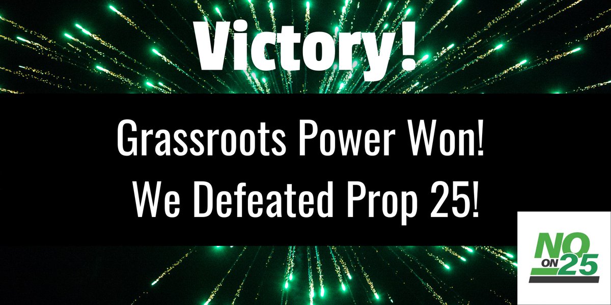 CareFirstCA's tweet photo. 🥳 COMMUNITY VICTORY!! #NoOnProp25 Grassroots Campaign DEFEATED #Prop25 and is poised to lead on REAL criminal legal reform!! The Committee Against Pre-Trial Racism and the larger movement with @noonprop25ca showed what people power looks like and we’re just getting started!! 🔥 https://t.co/1DZU9WJKpJ