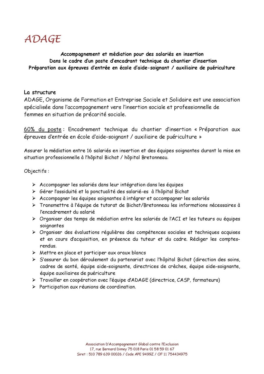 Langues Plurielles On Twitter Offre D Emploi L Association Adage A Paris18 Recrute Un Encadrant Technique Pour Son Chantier D Insertion Preparation A L Entree En Ecole D Aide Soignant Ou Auxiliaire De Puericulture En Partenariat Avec
