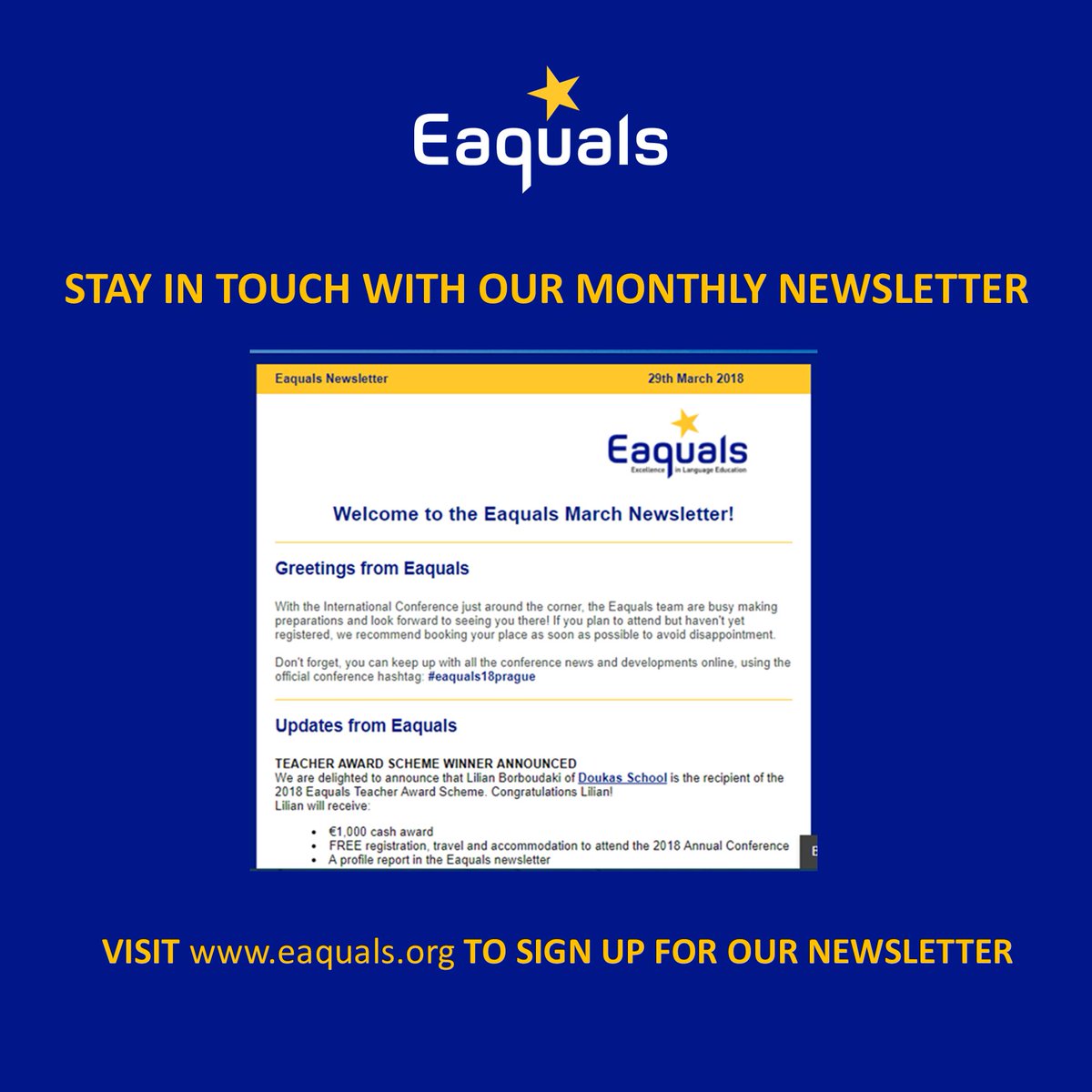 Don't miss out! Sign up for  our monthly newsletter and receive the latest information from Eaquals  eaquals.org  #eaqualsmembers #eaqualsfamilyl #intled #qualityassurance #accreditation