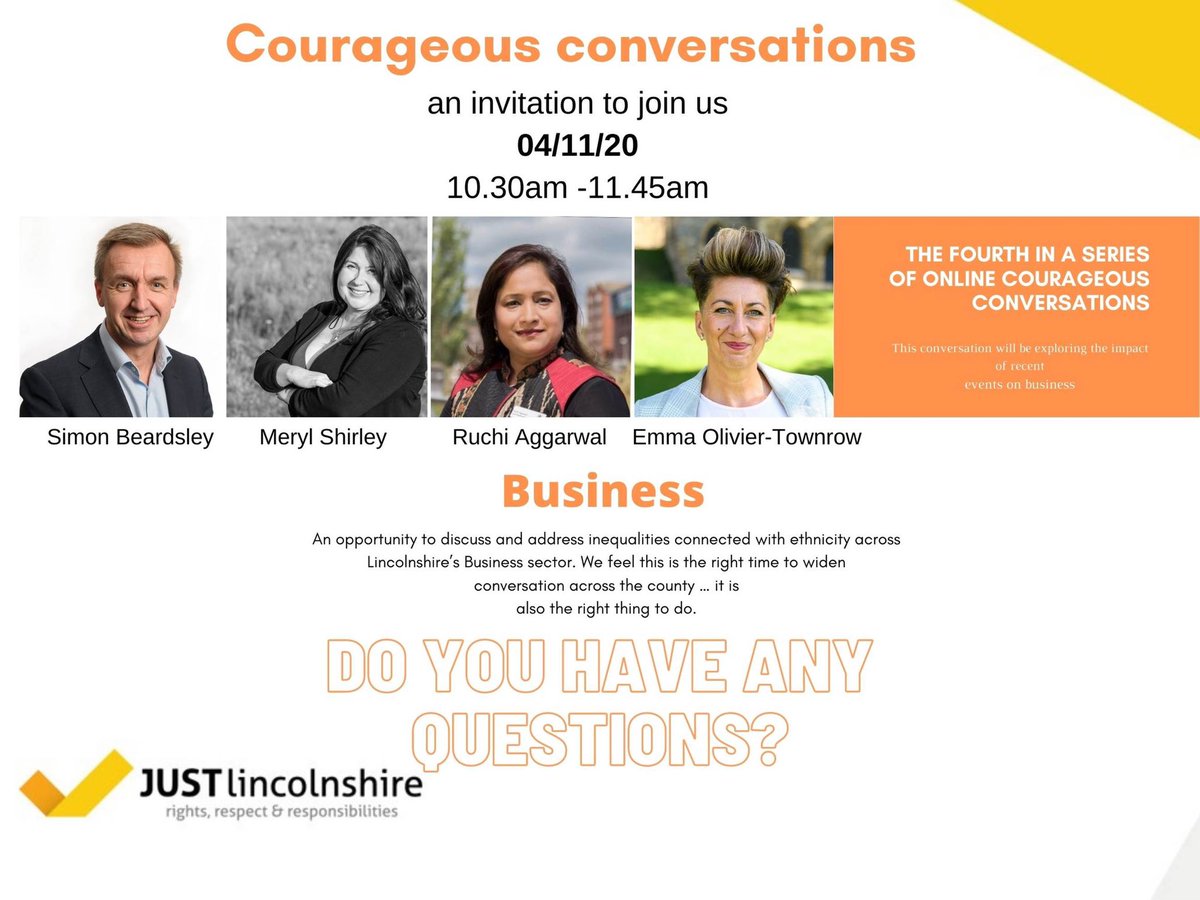 Good morning today we are holding a live virtual #courageousconversation about #Business #BLM #COVID19 with a fantastic line up of panel members. <a href="/RuchiSpeak/">Ruchi Aggarwal</a> <a href="/ShirleyMeryl/">MerylSturdy</a> <a href="/lincscham/">Lincolnshire Chamber</a> <a href="/emmaolivier/">Emma Olivier Townrow</a> 

With continued thanks to
<a href="/TNLComFund/">The National Lottery Community Fund</a> <a href="/RankFoundation/">The Rank Foundation</a>
