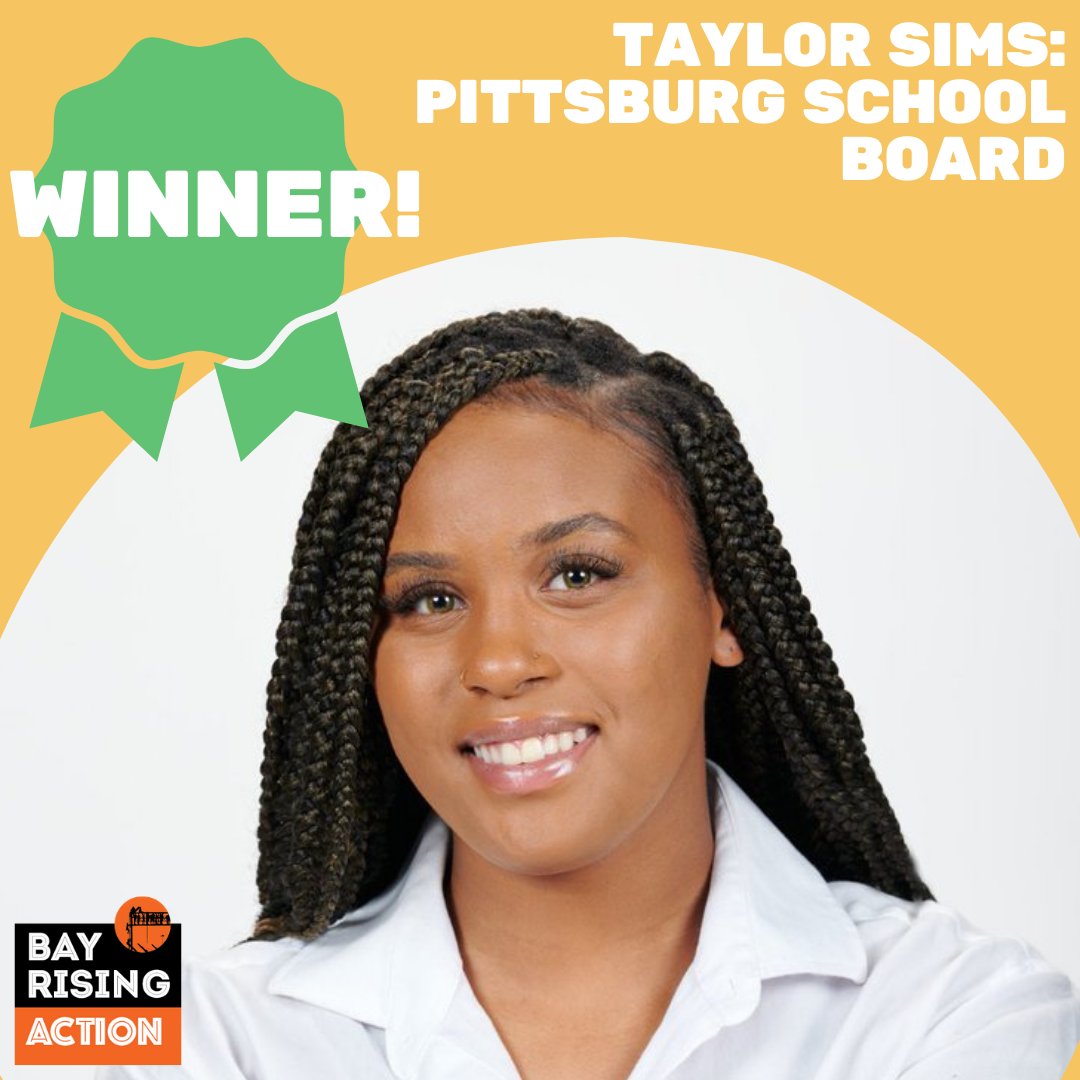 Excited to announce that <a href="/TaylorSims4PUSD/">Taylor Sims</a> won the second seat for Pittsburg School Board! Taylor is a visionary young person lifting up workers’ rights and the value of Black lives in our schools, and we can't wait to see what she will accomplish.