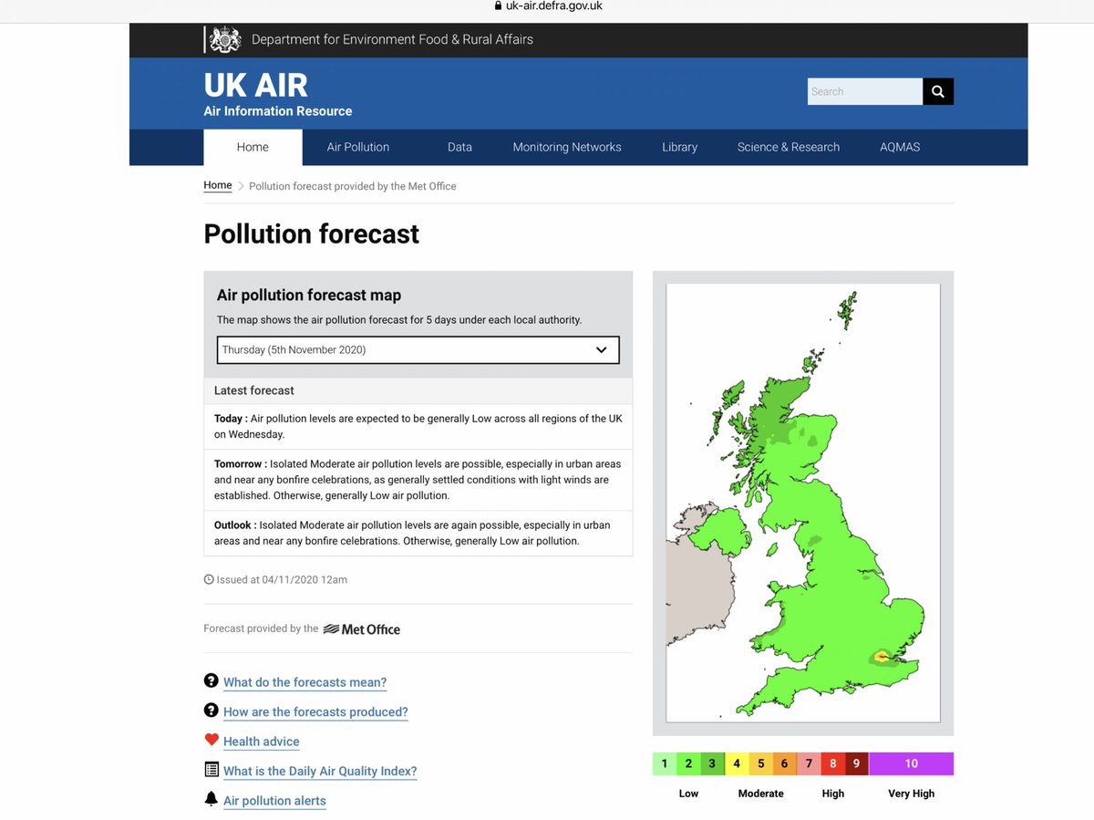 Thread 8/... Wednesday morning (4/11) (Day 7) | We're issuing a  #CodeRed advisory for particle  #AirPollution on Thursday night. Trusted  @CopernicusECMWF predicts nasty episode.  @DefraGovUK  @metoffice predicts 6/10 particle  #AirPollution.  #BanFireworks.  #BanBonfires now!