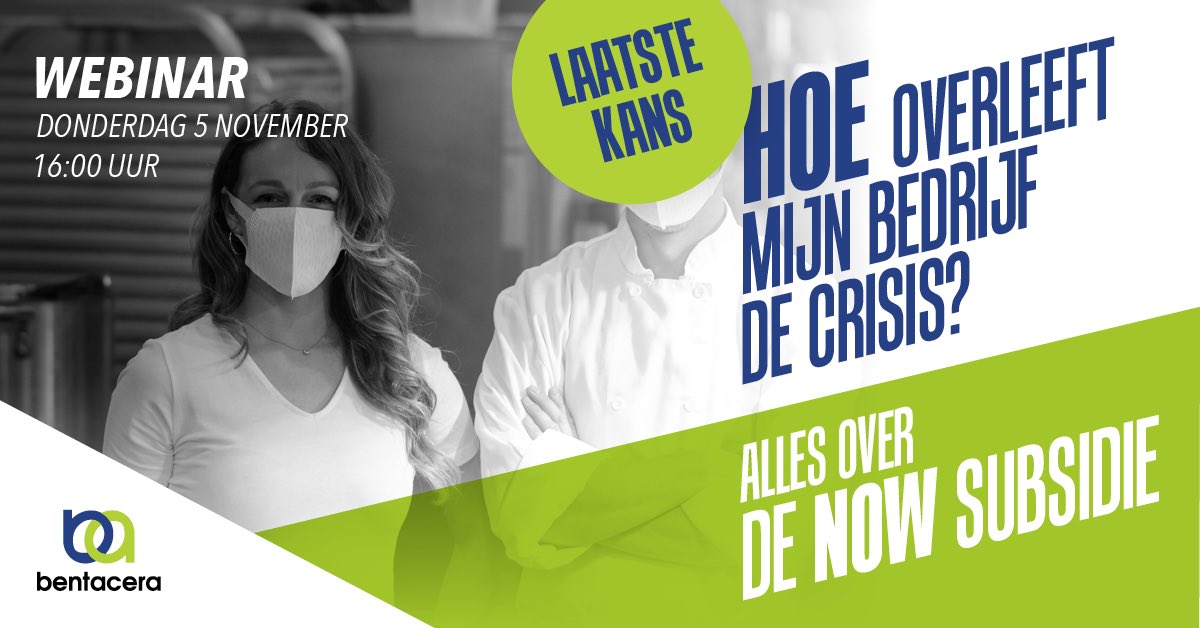 Vraag jij je af of je voldoende en correct gebruik maakt van deze noodmaatregelen van de overheid? Of overweeg je er gebruik van te gaan maken? Meld je dan aan voor het gratis webinar op donderdag 5 november om 16:00 uur. Info en aanmelden: bentacera.nl/webinar