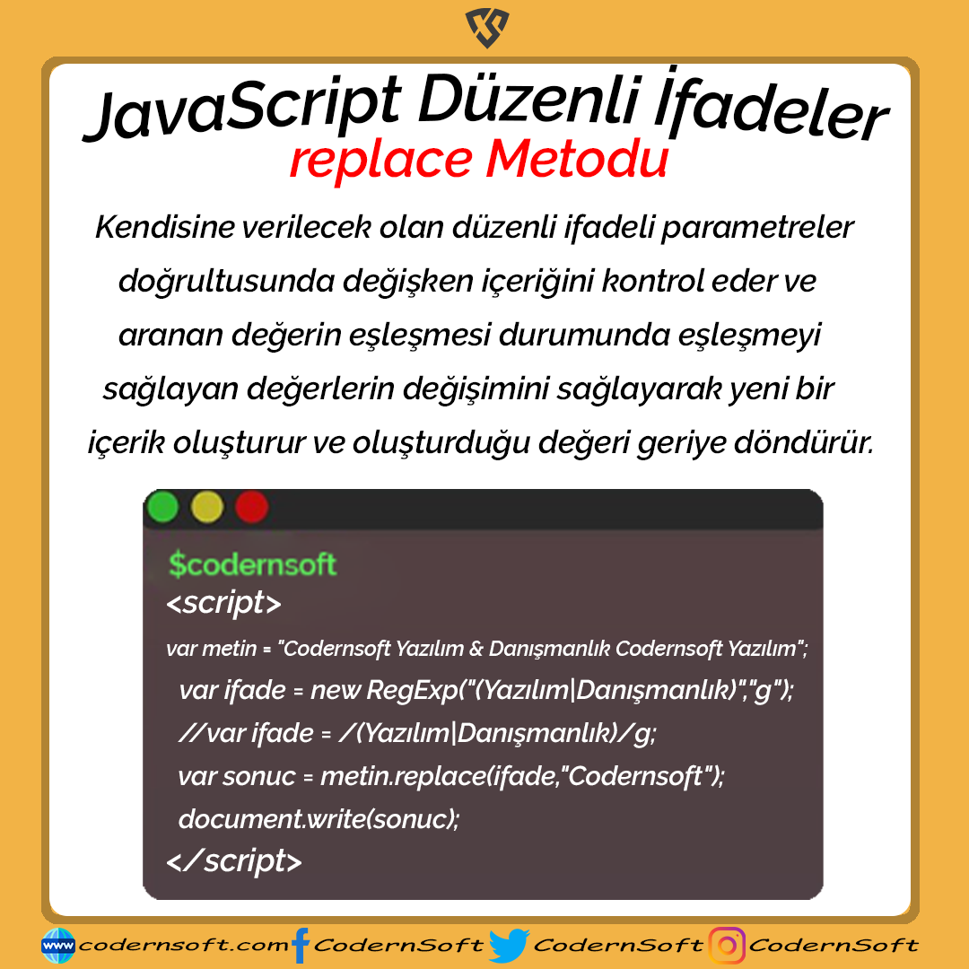 JavaScript - Düzenli İfadeler - replace Metodu
codernsoft.com
#js #JS100 #javascript #javascript30 #php #code #Software #FaturayıHalkaKesiyorlar #carsamba #ABDninSecimi #depremİzmir #izmir