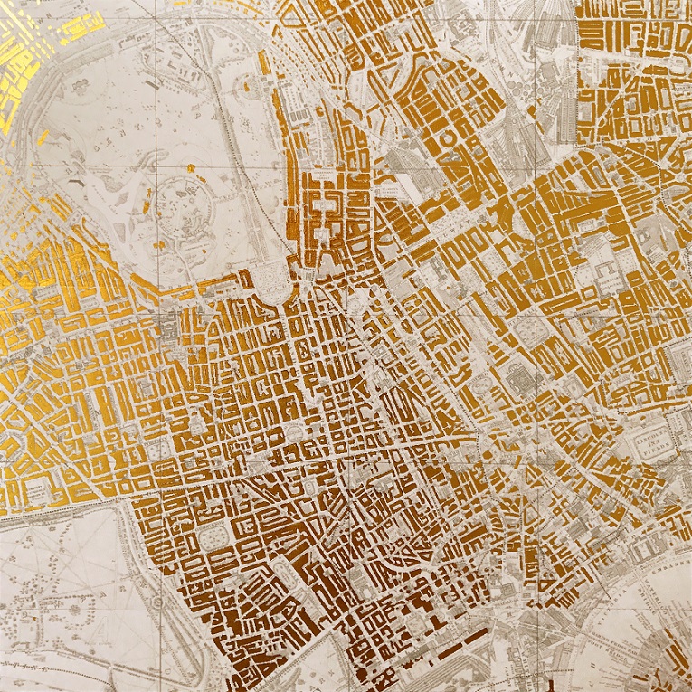 Article25's tweet photo. *Preview* Browse through this year's 10x10 art collection (https://t.co/ESIUvu5uOf) and bid on intriguing pieces like @ewandavideason's hot gold foil on archival giclee print, inspired by the 19th Century poverty maps by Charles Booth including the London markets. https://t.co/bqnXaBh7cs