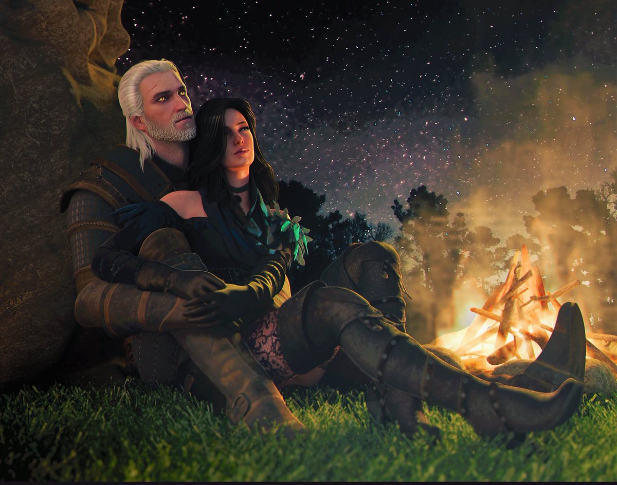 Enjoying the night sky and the smell of lilac and gooseberries with my Yennefer