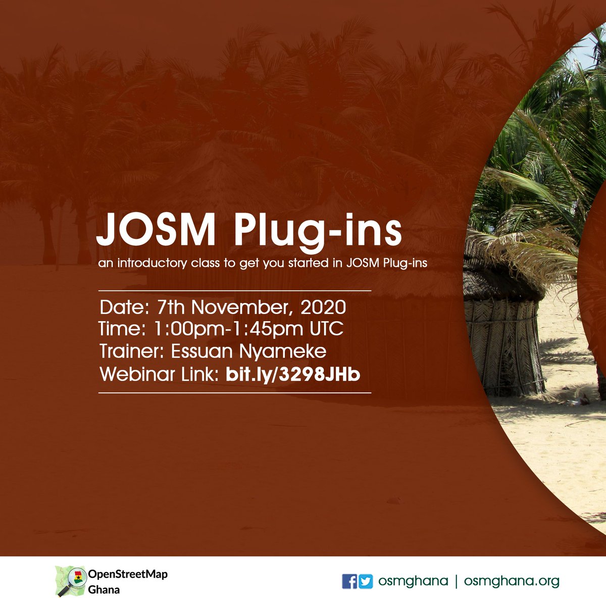 You are invited to <a href="/OSMGhana/">OpenStreetMap Ghana</a> webinar series  this weekend as <a href="/Essuanlive/">call me habib</a>
  and @teyviangela take us through;
Topic: Introductory lessons on JOSM and JOSM Plug-ins 
When: 7th Nov, 2020 12:00PM  UTC and 1:00PM UTC respectively.
Join via:
meet.jit.si/Introductionto…