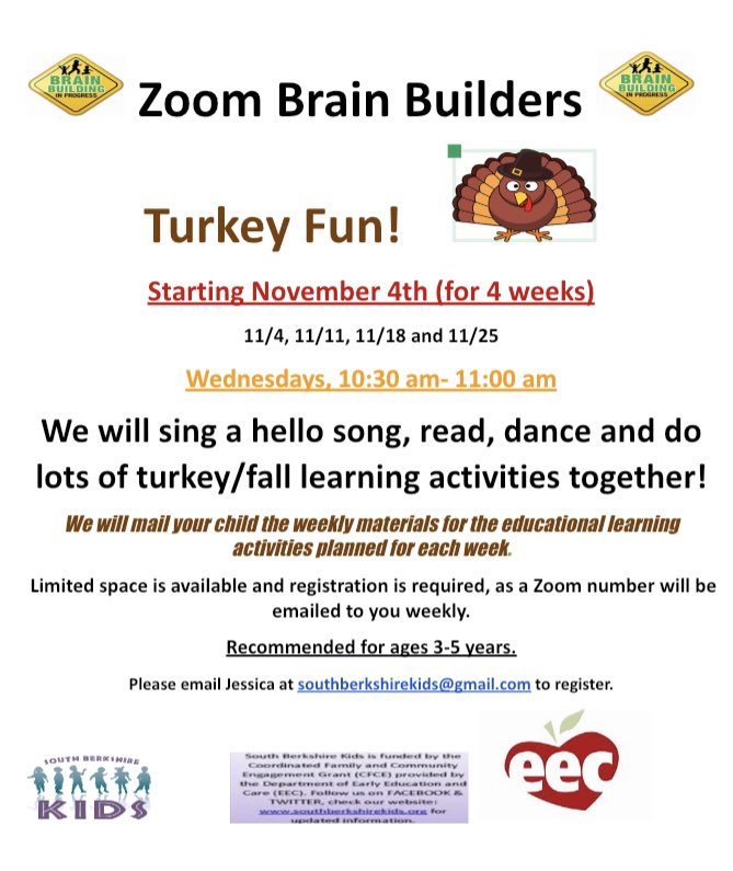 south_kids's tweet image. We have a few spots available for our Brain Builders program that meets on Wednesday’s in November. Come join the fun for this interactive Zoom program for children. Email us at Southberkshirekids@gmail.com #childrensprogramming #eec #cfce #earlyeducation