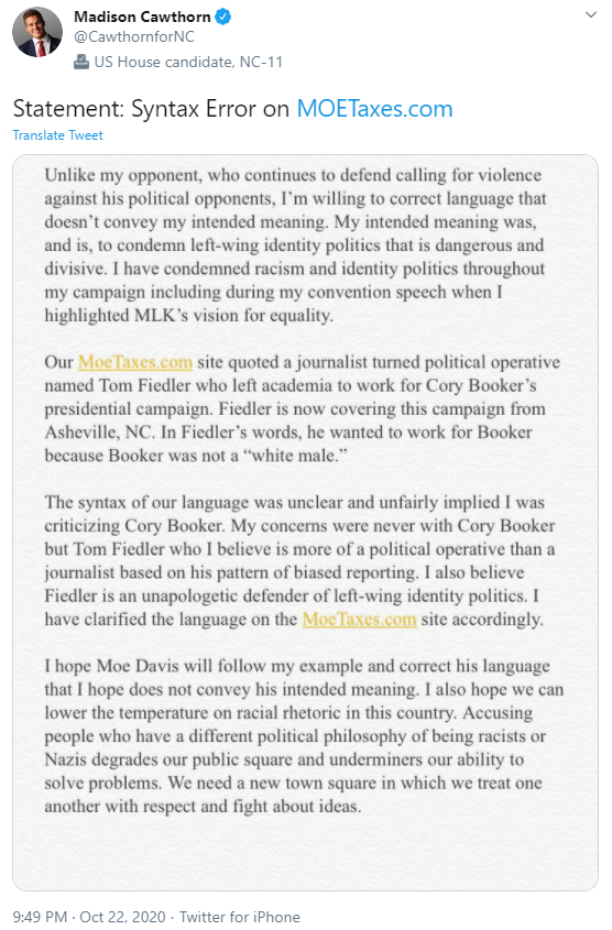 Cawthorn: "Accusing people who have a different political philosophy of being racists [...] degrades our public square and underminers (sic) our ability to solve problems." Also Cawthorn: "Democrats are racist" #ncpol  #nc11 https://smokymountainnews.com/news/item/29537-cawthorn-davis-democrats-are-racist