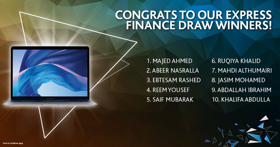 ADIBTweets's tweet photo. Congratulations to the 10 winners in the #ADIB #expressFinance campaign with a MackBook Air each! Follow us for more prizes and campaigns coming up soon!
T’s & C’s apply
#UAE #Questions #Prizes #winners https://t.co/Ezb2DPpWO0