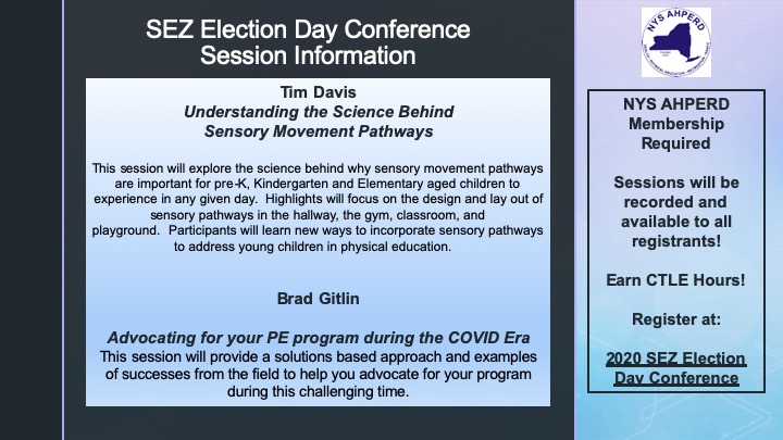 Did you register yet for the FREE Virtual <a href="/SEZnysahperd/">Southeastern Zone</a> Election Day (11/03/20) Conference? Still time to sign up - it is open to all <a href="/NYSAHPERD/">NYS AHPERD</a> Members! CTLE hours available. Registration Link bit.ly/SEZnysahperdCo……. Presenters include <a href="/personalED_LLC/">Brad Gitlin</a> &amp; Tim Davis #SEZproud
