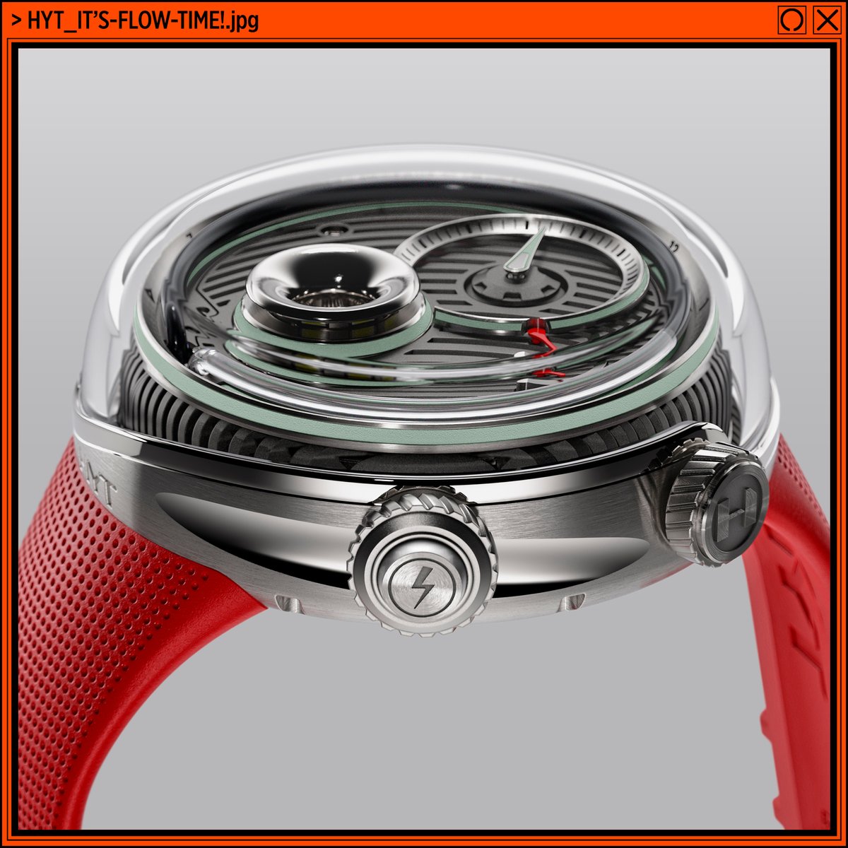 HYTWatches's tweet image. FLOW: ENLIGHTENING. DYNAMIC. TECHNICAL. #glowwiththeflow #timeisfluid #hytwatches