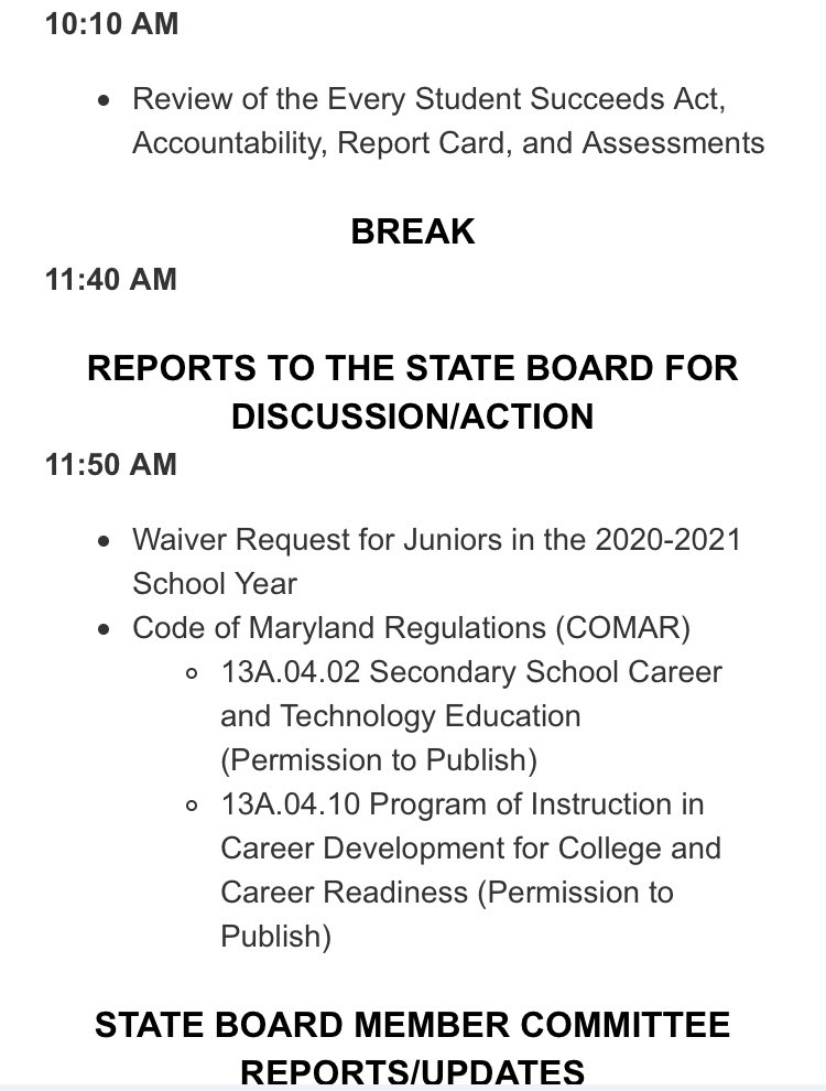 The Maryland State Board of Ed has their monthly meeting on Oct 26 &amp; 27. Agendas include school athletics, local reopening plans, CARES Act, ESSA Accountability, waiver request for the Class of 2022, and two COMAR regulations. 
More info: marylandpublicschools.org/stateboard/Pag…