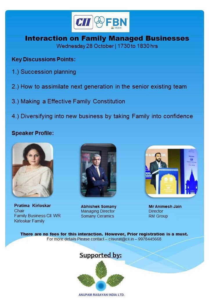 animesh_jn's tweet photo. Looking forward to connecting with members of ⁦⁦CII⁩ South Gujarat for session on Family Managed business and succession planning... https://t.co/ffHCuQYWRS