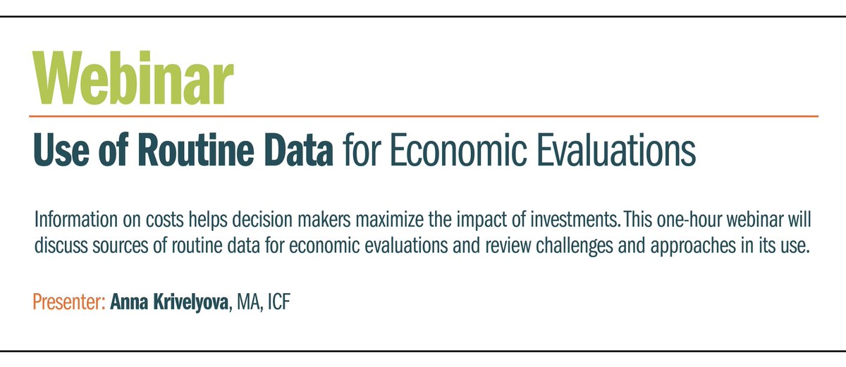 D4Iproject's tweet image. Join D4I for the first webinar in a series sharing lessons learned and practical suggestions on using routine and other existing data for #evaluation and research. The October 29 webinar focuses on using #routinedata for economic evaluations: ow.ly/RbZw50BYE67