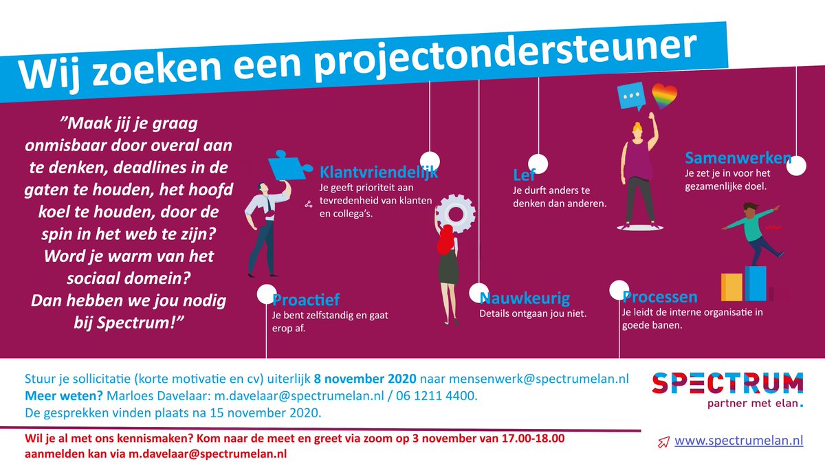 Maak jij je graag onmisbaar door overal aan te denken, deadlines in de gaten te houden, het hoofd koel te houden en door de spin in het web te zijn? Word je warm van het sociaal domein? Dan hebben we jou nodig bij Spectrum!

spectrumelan.nl/over-spectrum/…