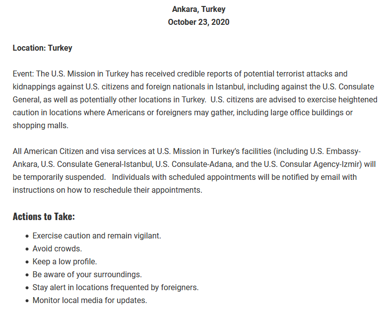 cavidaga's tweet photo. US Embassy in Turkey says that all American Citizen and visa services at U.S. Mission in Turkey’s facilities will be temporarily suspended because of a terrorist threat:
https://t.co/b0QNv95e5X https://t.co/1gaK9dVyvT