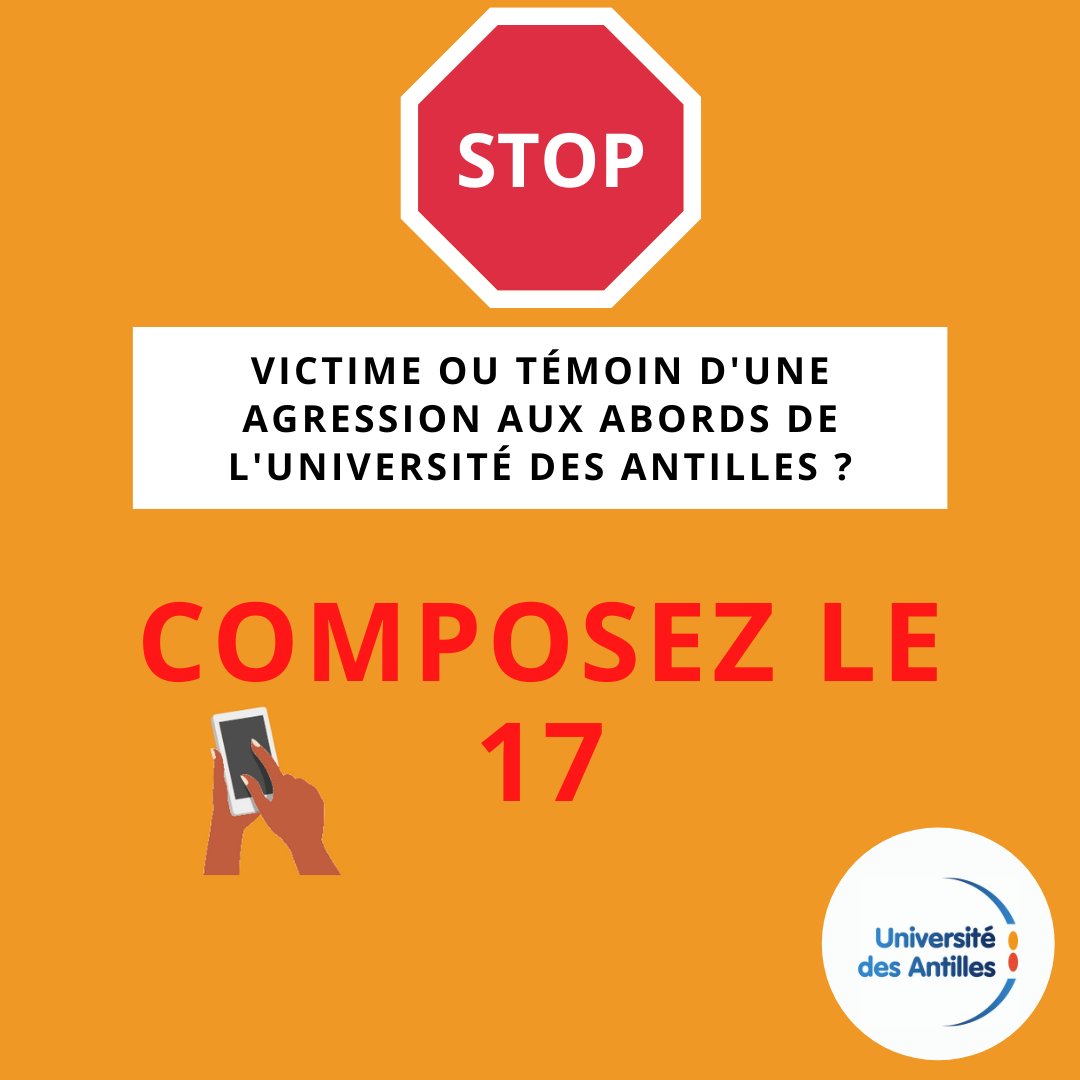 UnivAntilles's tweet photo. [Sécurité]

Témoin ou victime d’une agression ou tentative d’agression aux abords de l’université des Antilles ?

Composez le 17 !

Plus ces incidents seront remontés aux services de police, plus ils mettront en place des moyens de surveillance appropriés. https://t.co/6p2Hwn3MWT