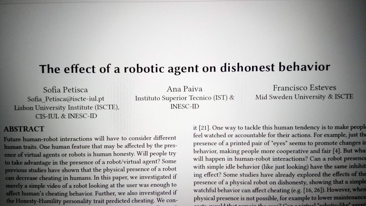GAIPSLab's tweet photo. Can the #PhysicalPresence of a #SocialRobot inhibit #dishonesty or cheating behaviors?
#NewPublication at #IVA2020 #hai #hci #hri
https://t.co/L9gnmZxVBa https://t.co/POfOASm9S5