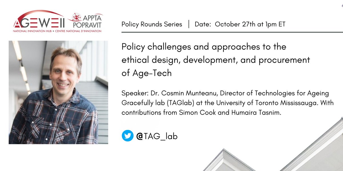 AGEWELL_NCE's tweet photo. Our next #PolicyRounds session is with Dr. Cosmin Munteanu from @TAG_lab. We'll be exploring the #policy implications of design, development, and procurement of #AgeTech. Register here: https://t.co/ezgrZX9zrd @UofT #cdnpoli #techpoli #technology #aging #innovation https://t.co/rkCaRlaboK
